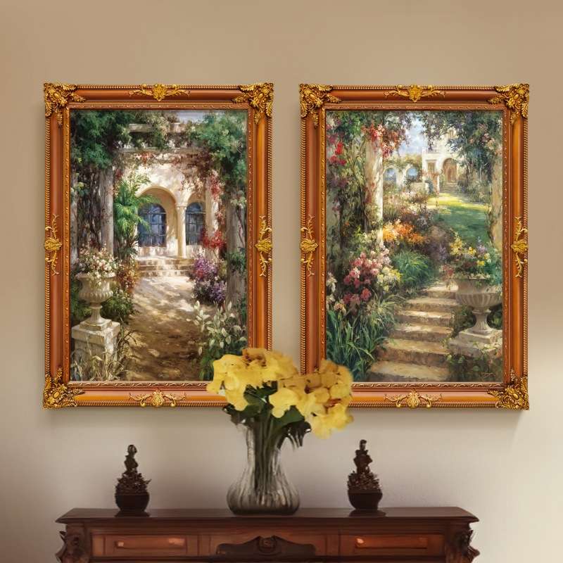 玄关装饰画竖版走廊过道风景花卉别墅挂画美式复古欧式墙壁画油画图片