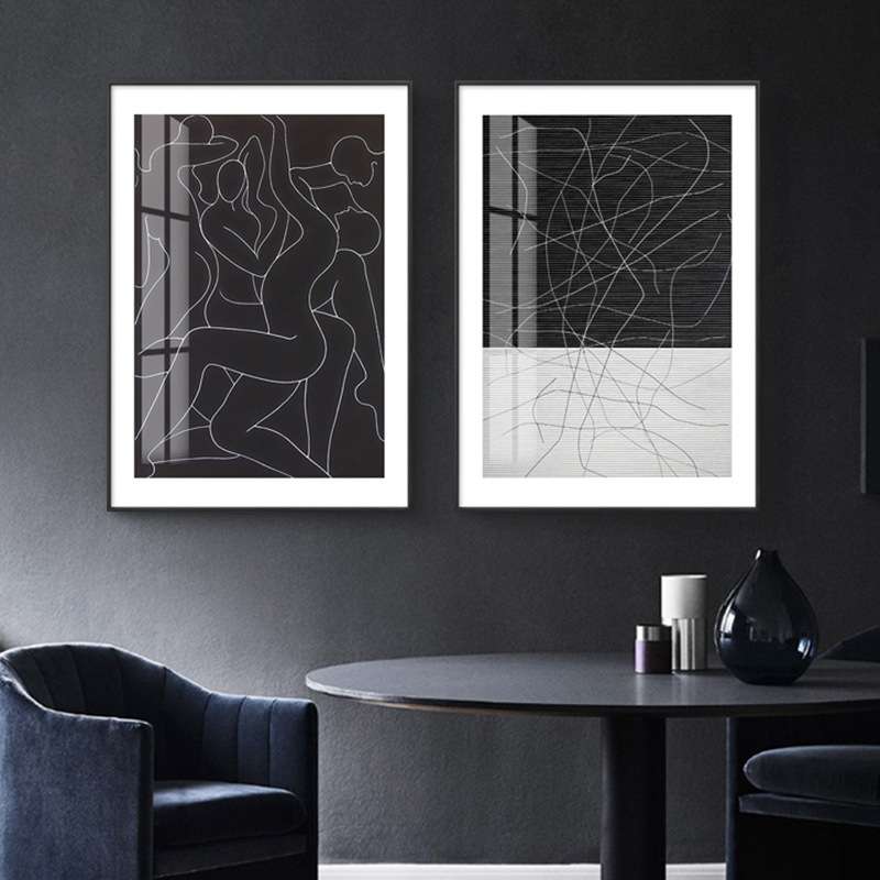 黑白客厅装饰画抽象线条后工业风现代咖啡厅挂画玄关走廊楼梯壁画图片