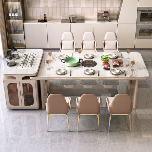 高端家用小户型可伸缩别墅中岛台带电磁炉轻奢岩板岛台餐桌椅组合