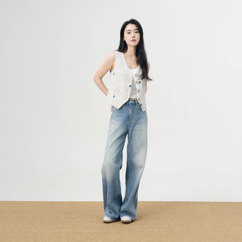 湖水蓝养牛纹理宽松直筒女牛仔裤
