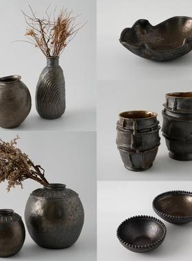 古铜色陶瓷花瓶复古做旧金属釉桌面摆件装饰艺品新中式