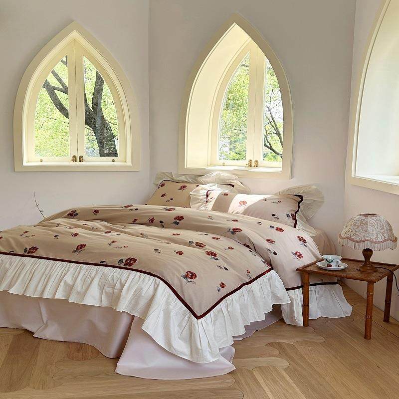 法式100S澳棉数码印花浪漫荷叶边床上用品四件套纯棉复古花卉被套