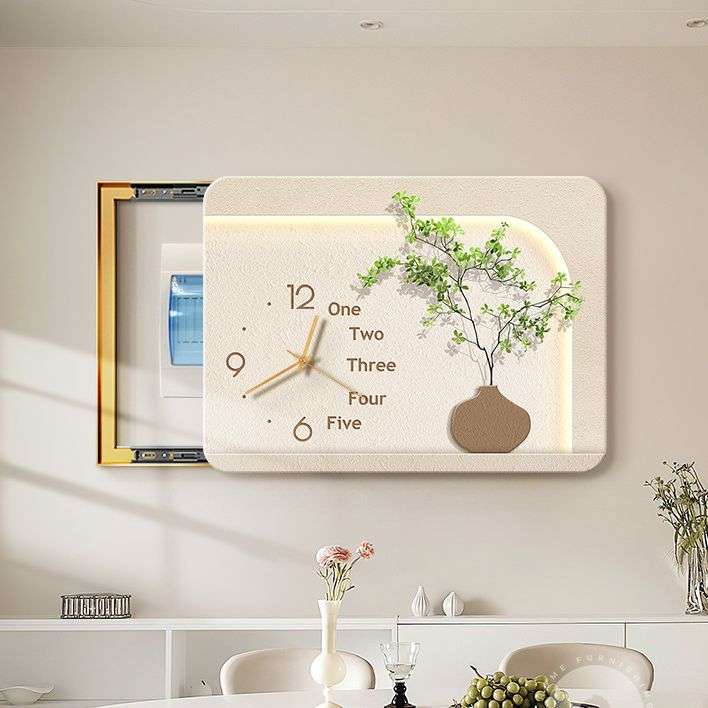 电表箱装饰画带钟表配电箱遮挡时钟挂画奶油风多媒体盒弱电箱壁画图片
