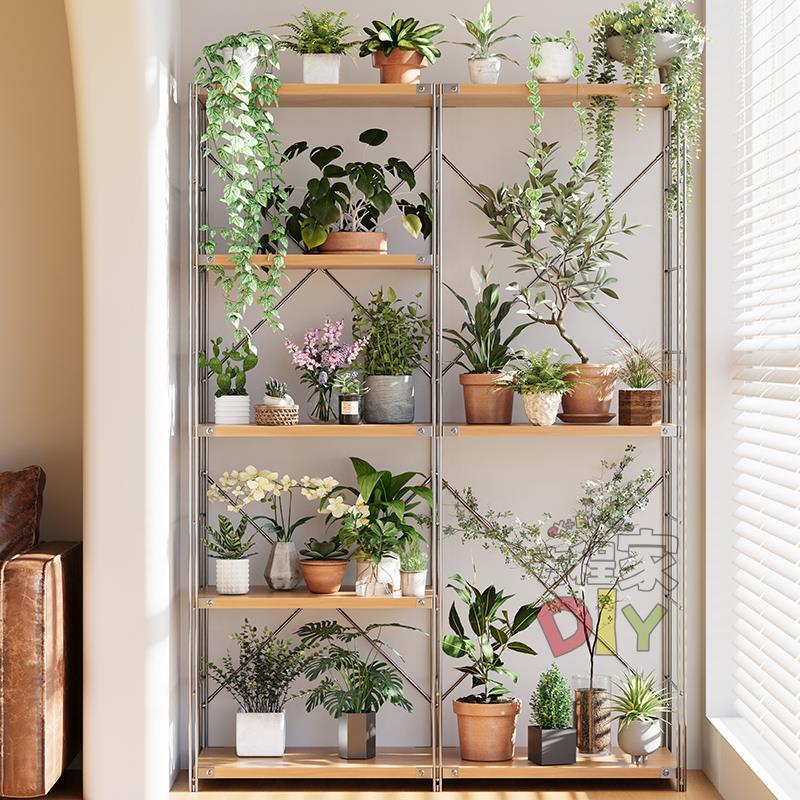 原木风置物架落地多层客厅阳台收纳层架家用展示架多肉架花盆架花