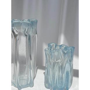 天蓝色手工玻璃花瓶现代简约风格 饰品卧室花瓶家居 玻璃花瓶客厅装