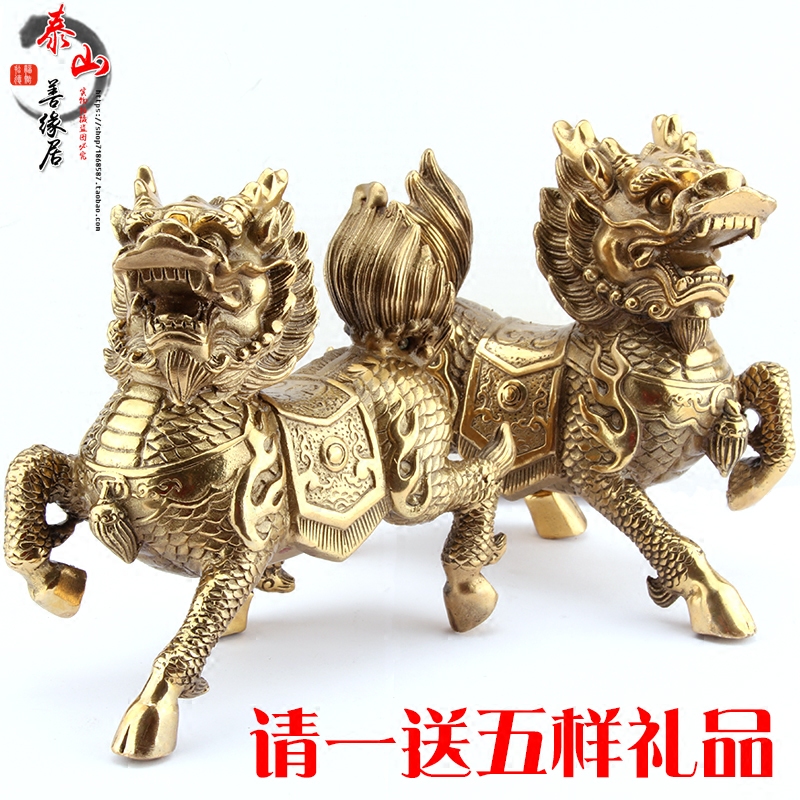 铜麒麟摆件一对黄铜q火麒麟办公室中式客厅装饰品家居摆设