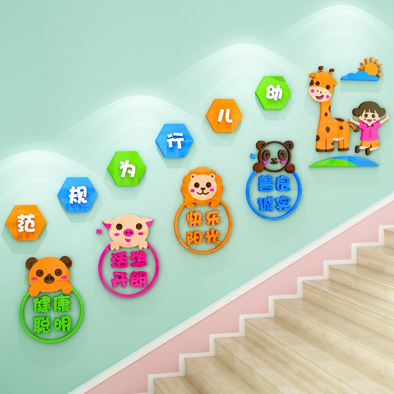 幼儿园楼梯墙g面装饰上下楼梯行为规范主题安全提示文化墙环创墙