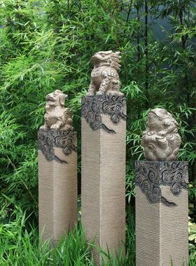 中式彷石雕拴马桩户外别墅门口庭院花园布置装饰狮子貔貅麒麟摆件