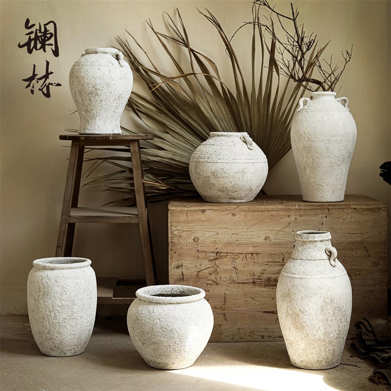 侘寂风摆件陶瓷花瓶复古粗陶罐台面花盆室内民Q宿家居花器装饰摆