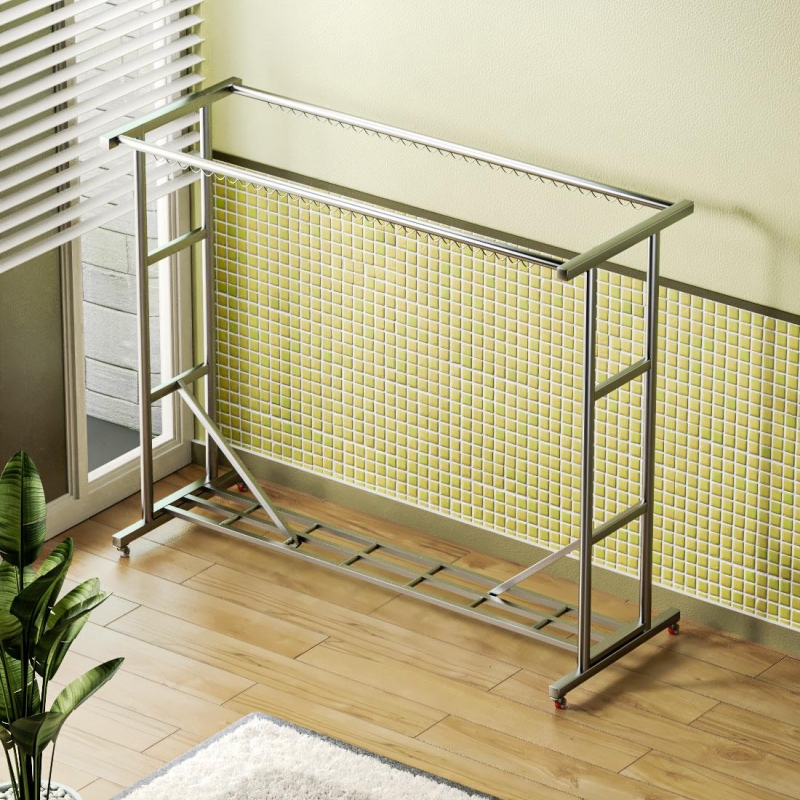 不锈钢落地晾衣架j家用庭院移动双杆带滑轮室外防风晾晒被子晒衣