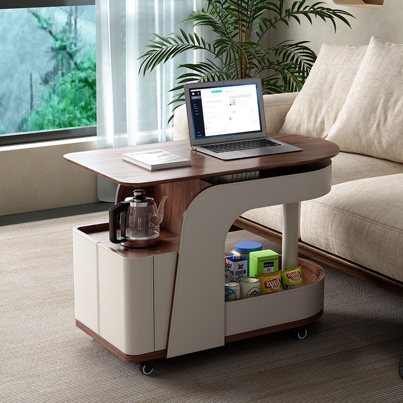 可移动实木阳台茶水小推车客厅家用升降茶几轻奢马鞍皮沙发边几