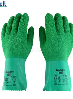 安思尔16-650防水耐高温手套双螺纹棉天然橡胶手套31cm长绿色