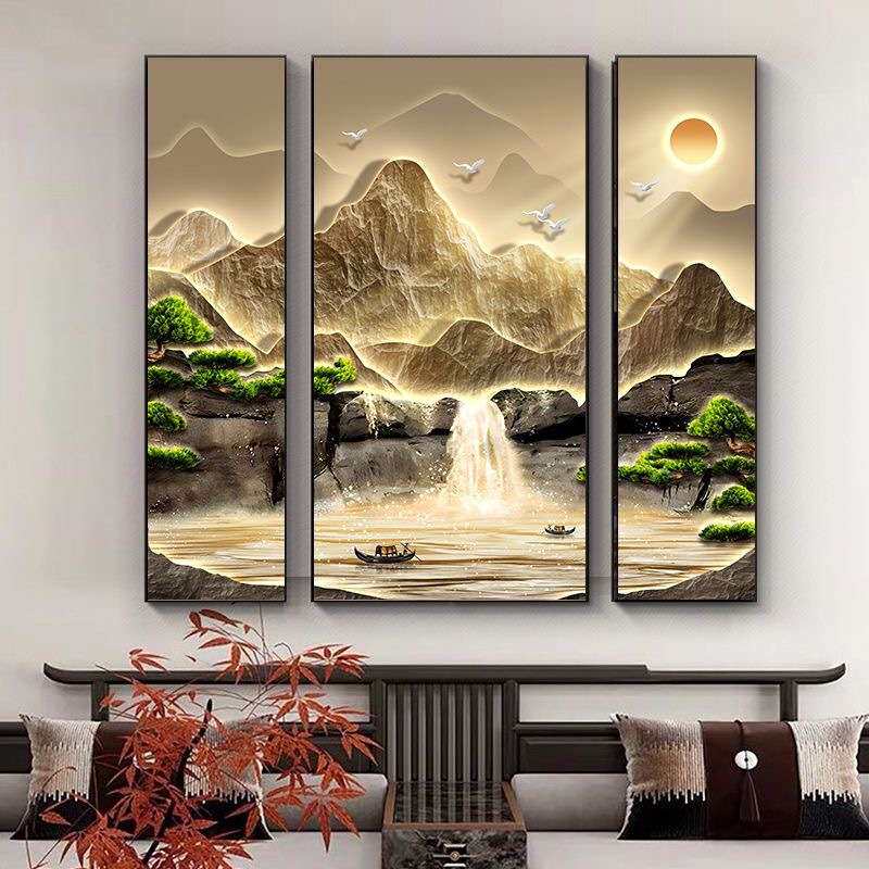 中堂画客厅组合三联挂画新中式农村堂屋大气山水装饰画聚宝盆壁画