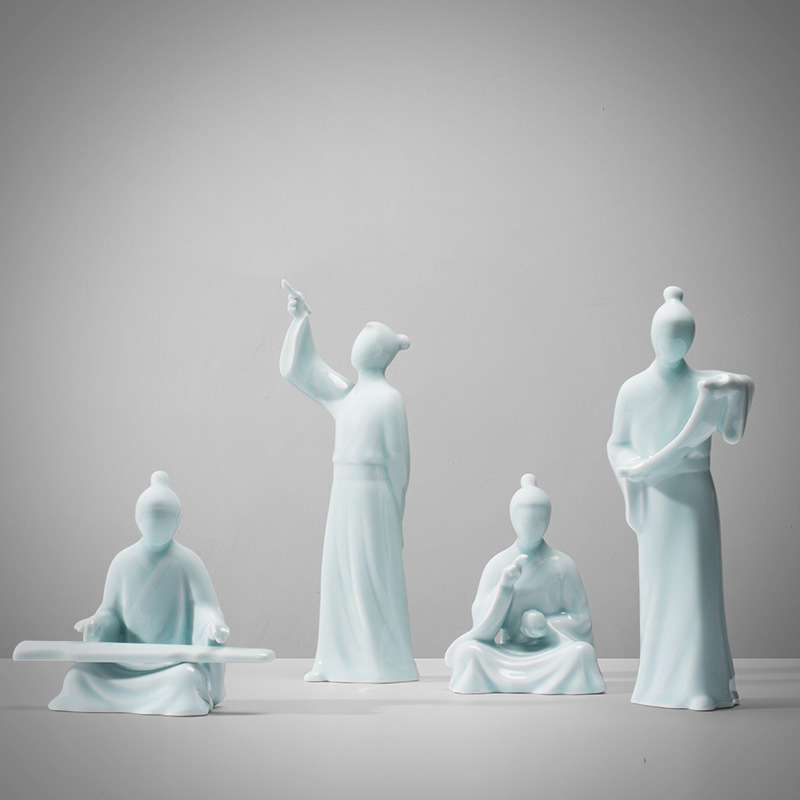 现代中式琴棋书画手工陶瓷摆件 客厅家居玄关装饰电视柜影青摆件