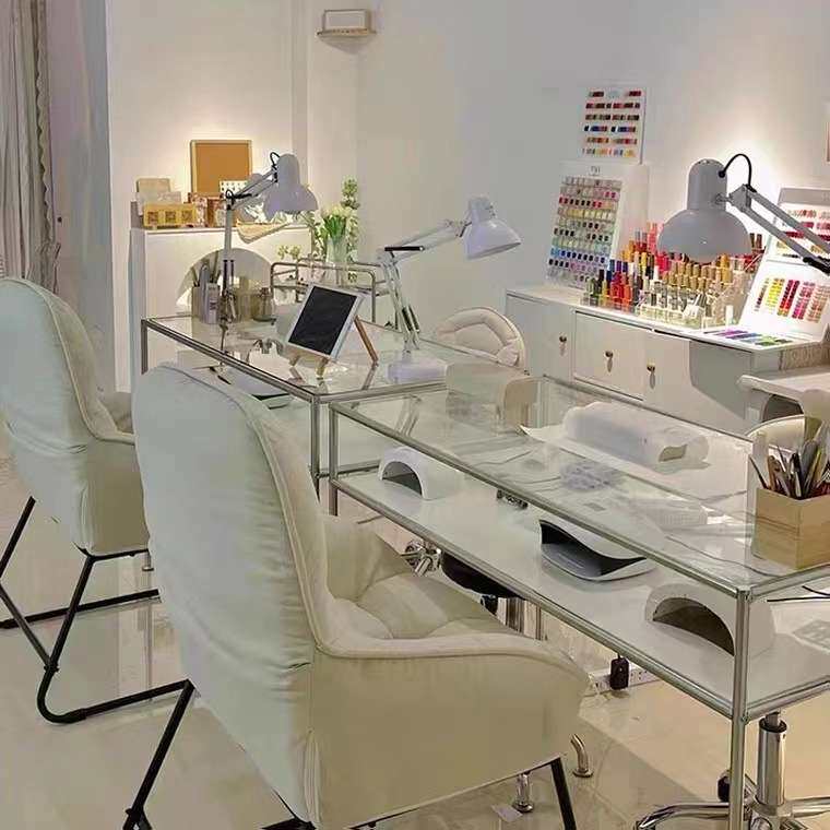 不锈钢美甲桌椅套装美甲店专用极简化妆台单人双人美甲桌透明玻璃