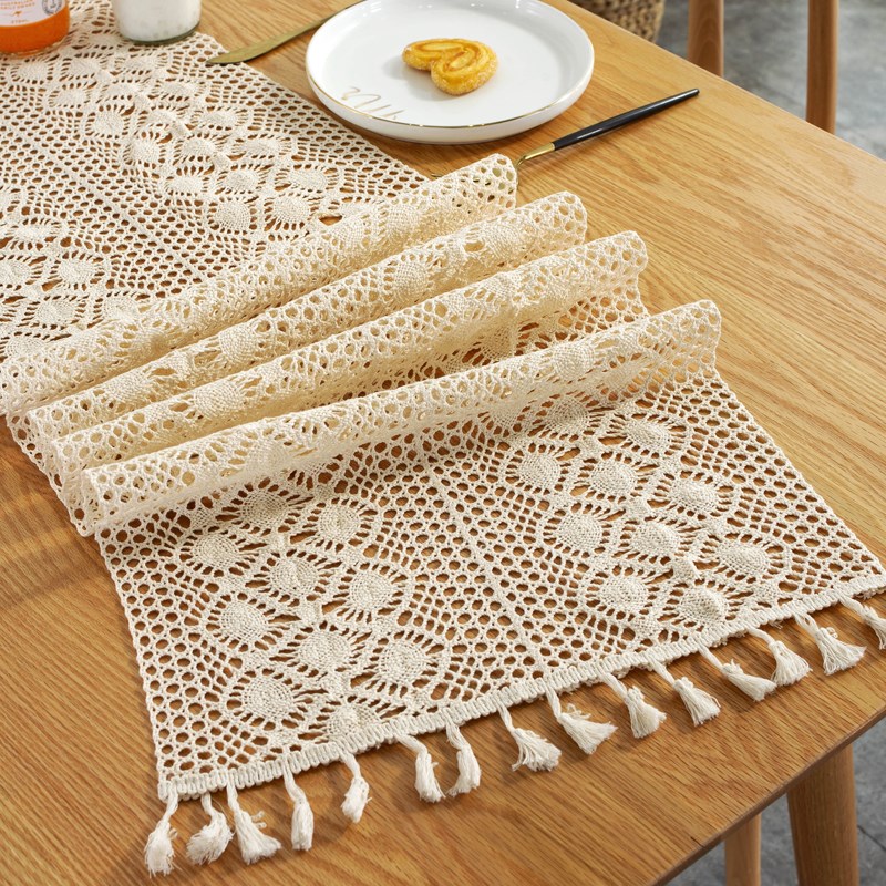 加宽针织镂空钩针田园风流苏桌旗米色蕾丝餐边五斗柜茶几装饰布