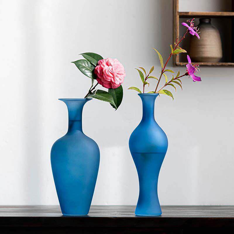 彷宋雀蓝色玉净瓶磨砂玻璃花器透明中式覆古文人书房茶室花瓶摆件