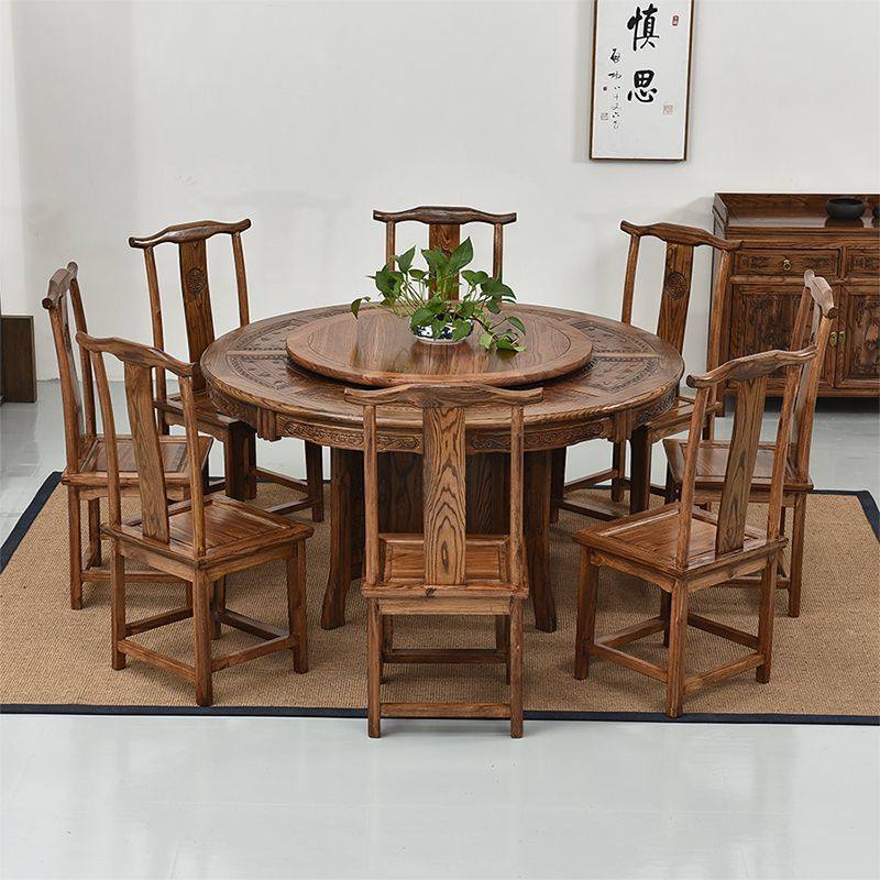 新中式实木餐桌椅组合8人家用10人榆木大圆桌酒店饭店圆台带转盘