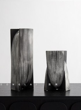 侘寂风陶瓷花瓶摆件中古风复古做旧黑白拼色创意插花器装饰品摆件