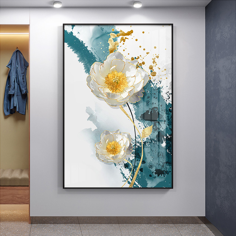 现代轻奢白d牡丹玄关装饰画走廊过道海棠晶瓷壁画卧室餐厅花卉挂