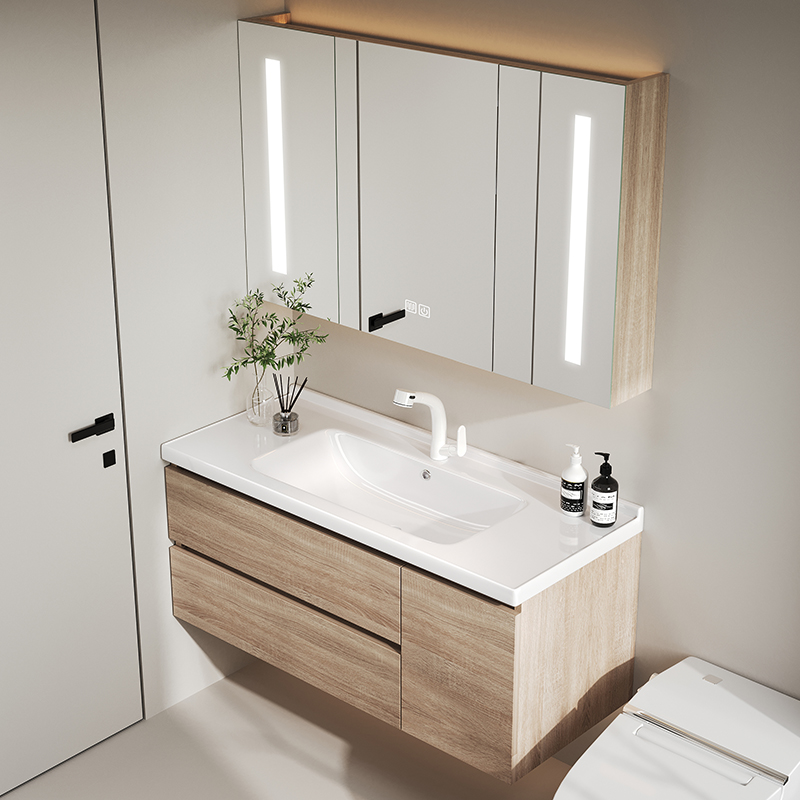 原木色浴室柜陶瓷一体盆卫生间洗脸盆洗手盆柜组合洗漱台现代简约