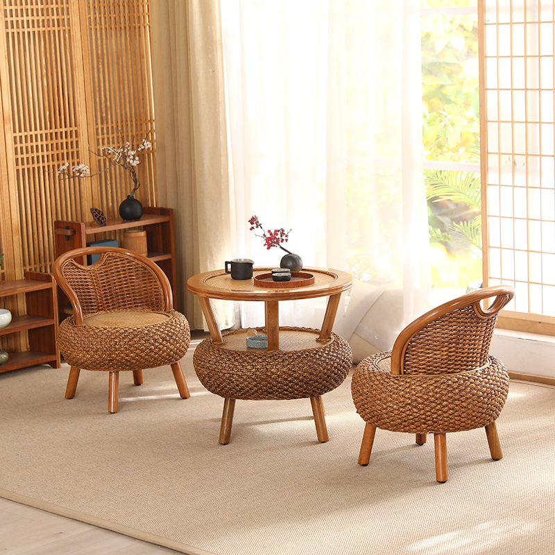 藤编小圆桌子阳台休闲藤椅三件套真藤圆凳榻榻米茶几喝茶桌椅组合
