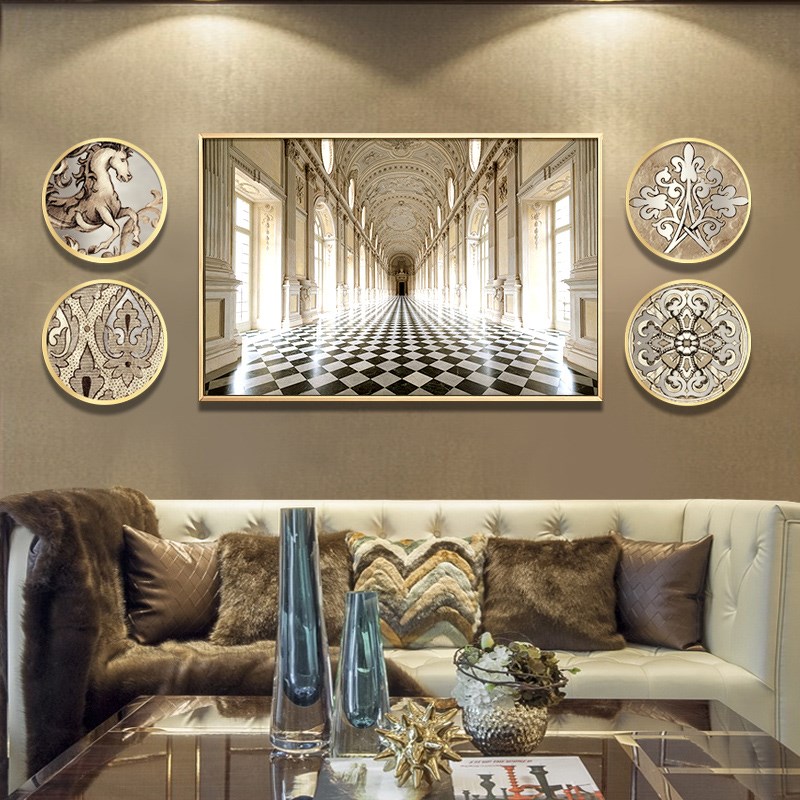 客厅装饰画现代轻奢沙发背景墙画美式样板间餐厅建筑圆形组合挂画图片