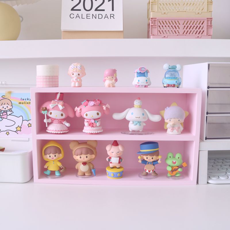 少女心卡通盲盒桌面收纳展示架木质两层置物架化妆品摆件整理筐架