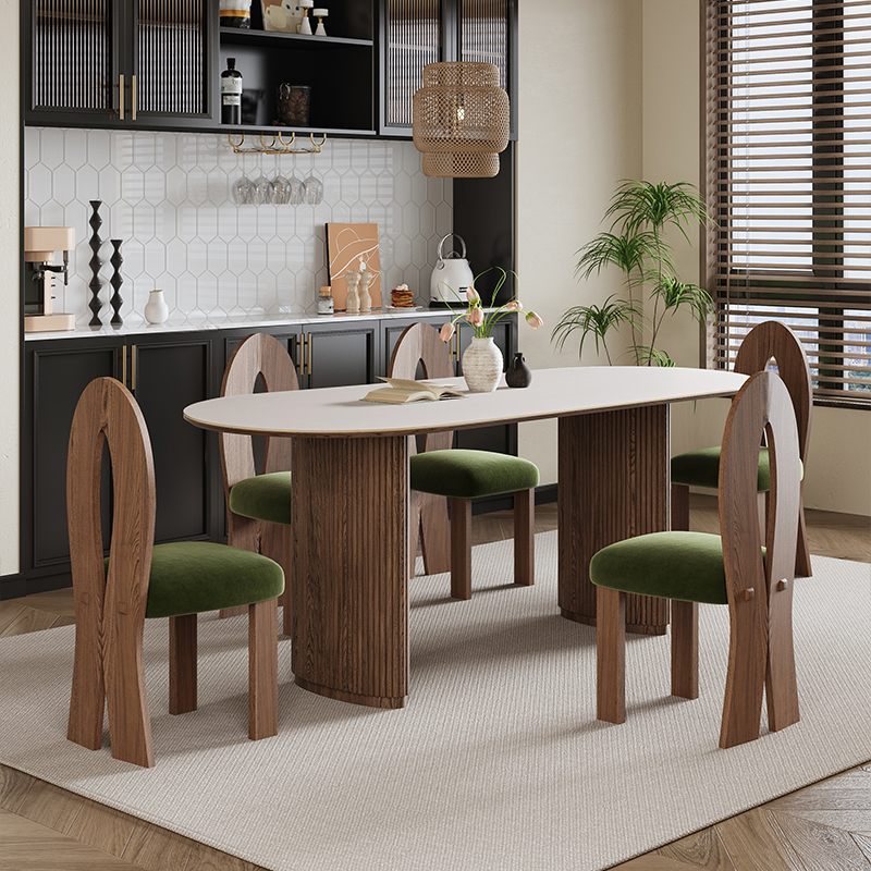 大司马法式复古岩板餐桌小户型家用长方形白蜡木实木椭圆形餐桌椅