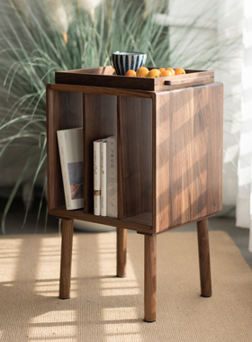 新中式边几黑胡桃床头柜实木杂志架收纳储物茶几边柜可移动书报架