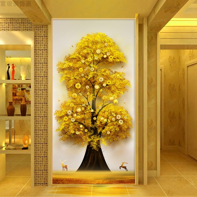 发财树黄金树中式晶瓷镶钻浮雕油画带框走廊玄关装饰画挂画艺术画图片