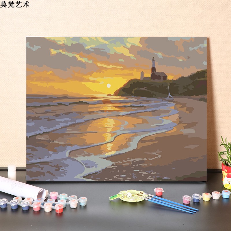 数字油画diy手工填充日落海滩风景画消磨时间手绘涂色丙烯油彩画