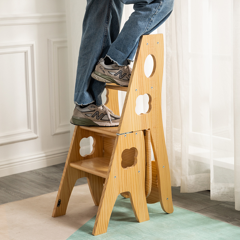 网红款实木椅子梯登高踏板家用多功能折叠梯凳楠竹子白色四步梯子