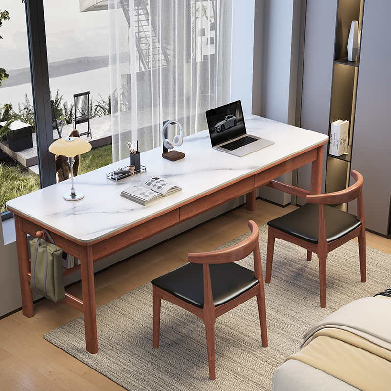 双人并排办公电脑桌学生卧室实木学习桌靠窗长条桌工作台岩板书桌