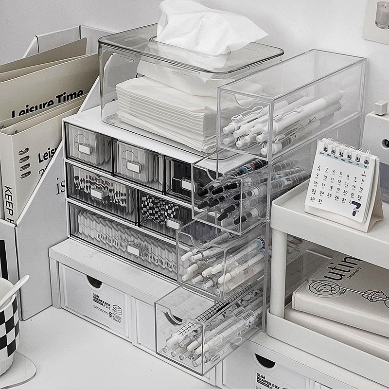 笔筒收纳盒桌面压克力透明大容量抽屉式化妆品口红文具分格整理盒