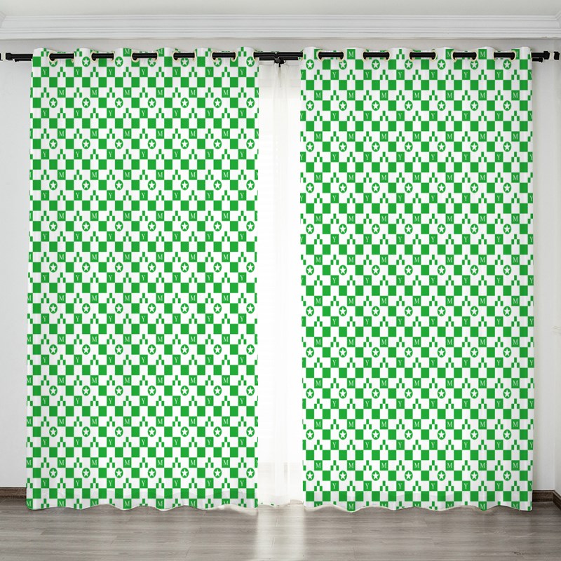 窗帘定制图案绿色格子黑灰橘湖蓝A色印花现代简约鲜亮试衣间装饰