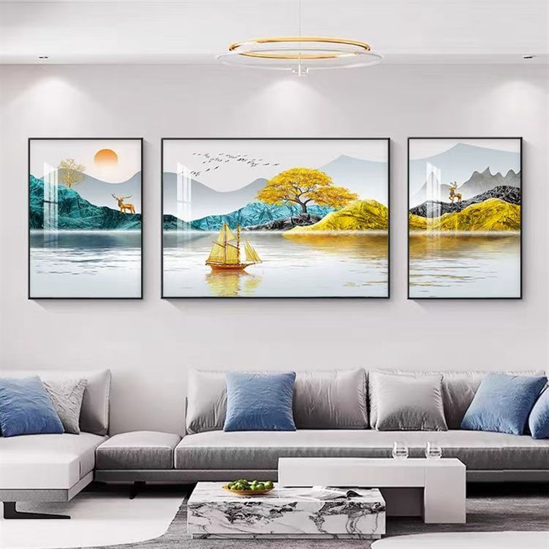 客厅装饰画轻奢现代新中式山水画沙发背景墙壁画晶瓷画三联画挂画图片