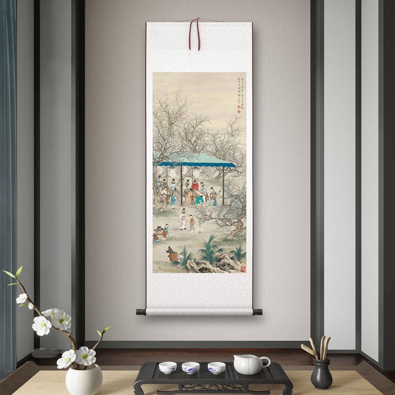 夏荆山《桃李夜宴图》客厅书房茶室装饰画挂画玄关水墨高清卷轴
