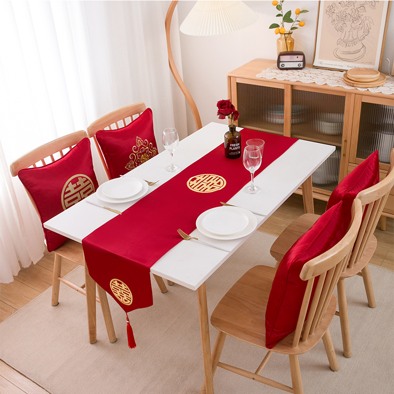 中式结婚桌旗红色喜字桌布装饰条茶几餐桌电视柜盖巾喜庆婚礼桌旗