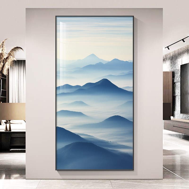 现代简约靠山图蓝色风景玄关装饰画水墨风意境入户门挂画竖版壁画