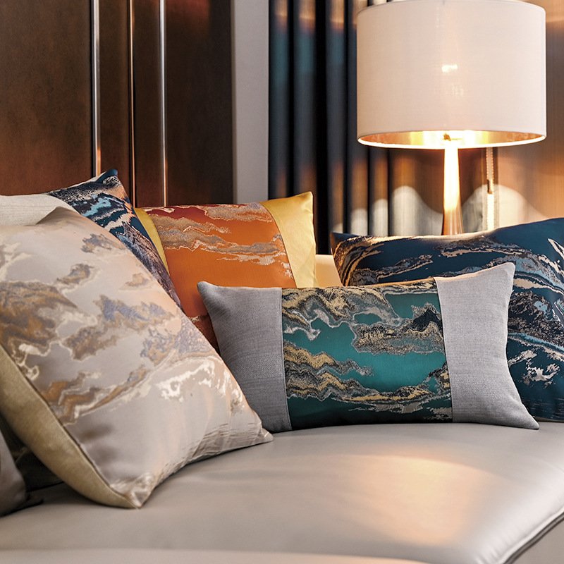 新中式山水抱枕靠垫套简约轻奢样板间沙发靠枕公断提花靠枕不含芯