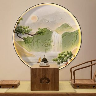饰画轻奢高档画芯山水画客厅壁纸圆形餐厅壁画 流水生财入户玄关装