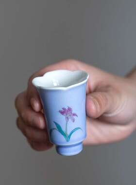 优茶道紫色手绘兰花主人闻香杯葵口陶瓷功夫聚香杯品茗杯单杯茶杯