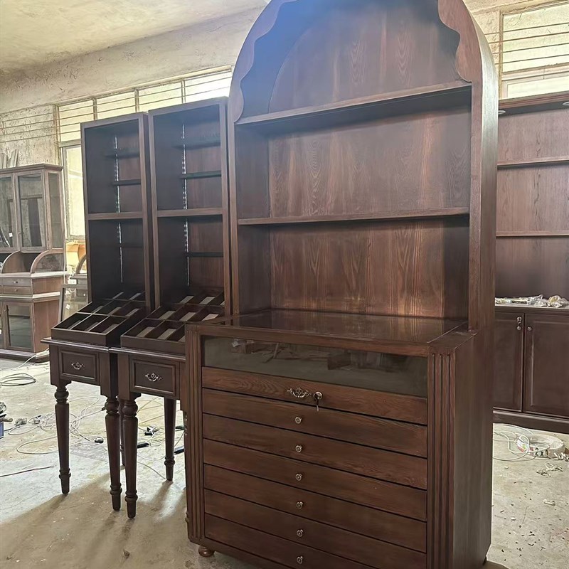 木质珠宝首饰展示柜古玩玉器多抽屉饰品架法式复古靠墙柜带灯