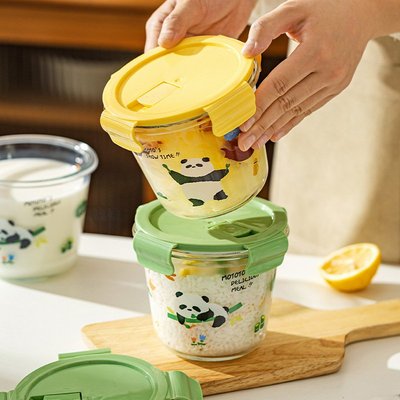 摩登主妇mototo熊猫玻璃汤碗带盖微波炉加热保鲜碗水果便当盒饭盒