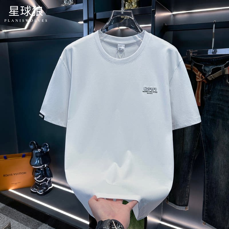 潮牌男士高端时尚简约刺绣夏季短袖t恤2026新款透气圆领百搭上衣