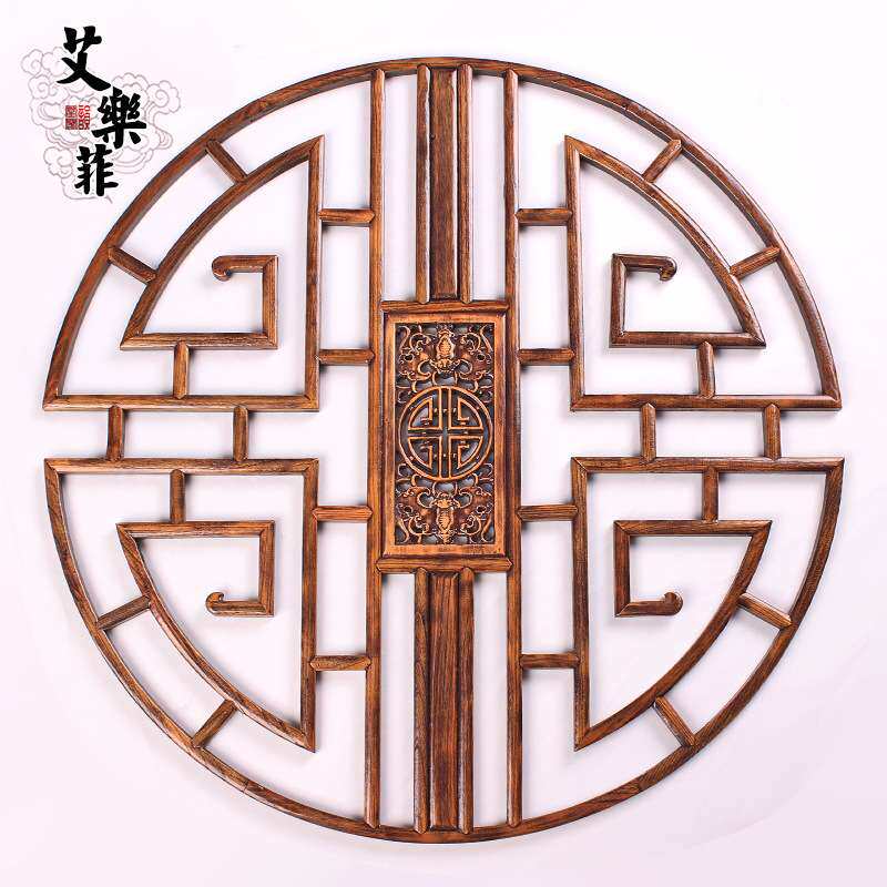 东阳木雕中式仿古实木雕刻榆木镂空圆形榫卯结构花窗花格通花挂件