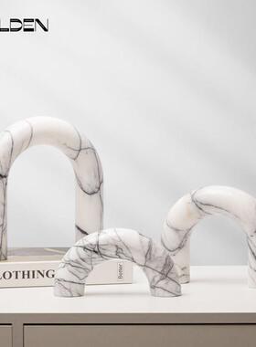 几何半圆拱形装饰摆件样板间客厅博古架软装摆设品黄洞石手工艺品