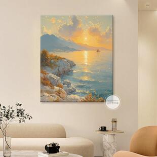 奶油风海上日出手绘油画旭日东升客厅装饰画夕阳海边风景玄关挂画