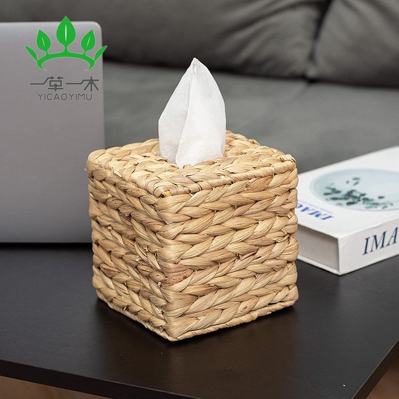 亚马逊热卖方形草编纸巾盒水葫芦草编织抽纸盒收纳盒子桌面置物篮